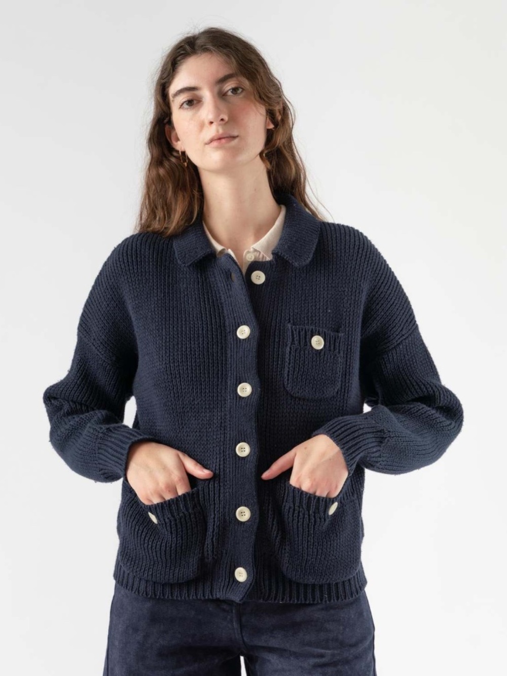 Alex Mill Work Sweater Cardigan Chunky Knit Navy Textured Cotton Womens XS